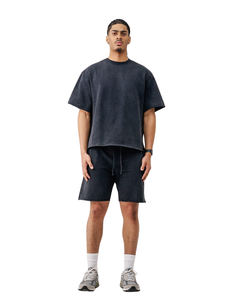 Venta al por mayor Hombres 180 Gsm 95% Algodón 5% Elastano Boxy Drop Shoulder Oversize Shortset Con Capucha Cuello Personalizable Sólido Peso Pesado - Product Image 1