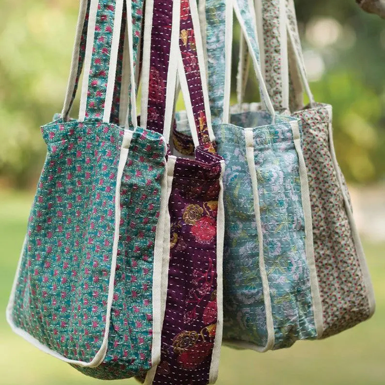 Vintage Kantha Quilted Women's Shoulder Bag Boho Chic Handbag with Two Handles Open Closure Wholesale by BHAWANA HANDICRAFTS