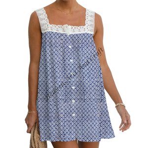 Robe d'été élégante en coton pour femmes, sans manches, robe de plage, ourlet large, imprimé vintage, col halter, imprimé à la main, robe décontractée - Product Image 4