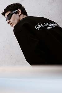 T-shirt Homme Coupe Ample Brodé en Coton et Poly Bland Noir à Manches Longues Col Bord Côtelé à Épaules Tombées Veste Homme - Product Image 4