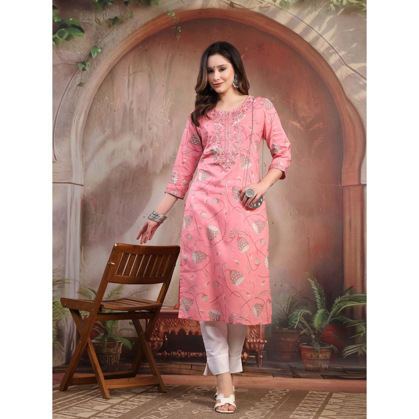 chinese dress ladies Varanga Women Floral Embroidered Panelled Mirror Work Pure Cotton Kurt main image 0