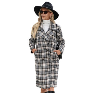 เสื้อโค้ทเทรนช์ทรงยาวแบบกระดุมสองแถวสำหรับผู้หญิง ผ้าแคชเมียร์ลายฮาวด์ทูธ ตัดเย็บด้วยผ้าหนังผสมขนสัตว์พิมพ์ลายตามสั่ง สำหรับฤดูใบไม้ผลิ/ฤดูใบไม้ร่วง/ฤดูหนาว - Product Image 1