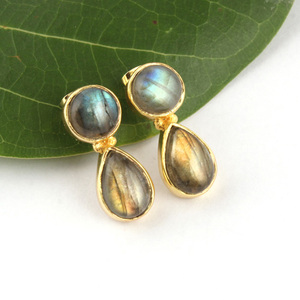 Boucles d'oreilles en labradorite plaquée or, style Unique, boucles d'oreilles rondes en forme de poire, double pierre, bijoux à offrir - Product Image 3