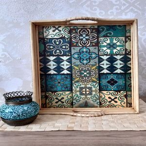 Plateau Meena artisanal, décoration indienne, bois d'acacia de luxe, écologique, coloré, art traditionnel, plateau de service élégant pour la maison - Product Image 5