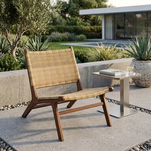 Chaise de jardin en bois de teck naturel avec assise en cannage, fauteuil bas pour terrasse, design artistique et pur pour l'aménagement extérieur - Product Image 5