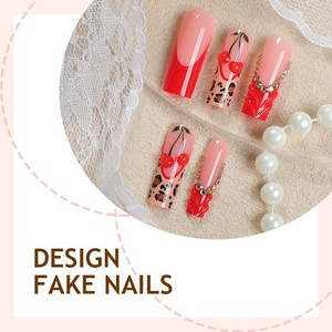 Nouveau long tuyau d'eau <span class=keywords><strong>ongles</strong></span> portables imprimé léopard rouge bord français cerise strass en trois dimensions portable Nail Art - Product Image 2