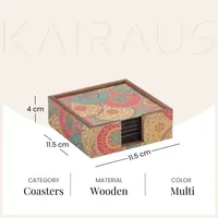 Ensemble de sous-verres en bois de luxe, 6 pièces, carrés, écologiques, durables, imprimés avec des motifs de mandala modernes, pour le café, le latte, les entreprises