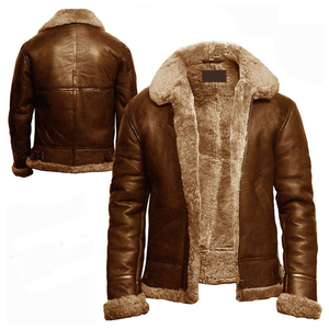 Men's 100% <b>Sheepskin</b> Brown Aviator Bomber <b>Jacket</b> Faux Fur Lined Winter Coat Windproof Winter Biker Coat Regular Fit Turndown - Product Image 3