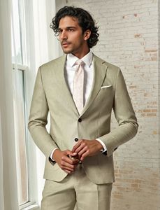 Conjunto de traje de chaqueta de negocios de algodón de lino de alta calidad para hombre, abrigo y pantalones ajustados de un solo pecho, trajes de boda de 2 piezas - Product Image 2