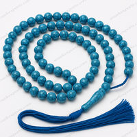 Tasbih authentique en pierre de tortue, 100 perles rondes de 8 mm, chapelet de prière islamique Misbaha avec pompon bleu pour hommes et femmes