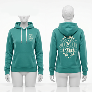 Sweat à capuche unisexe pour barbier, 320 GSM, en coton et polyester polaire, vert sauge, avec logo personnalisé imprimé DTF et brodé, modèle pull-over - Product Image 5