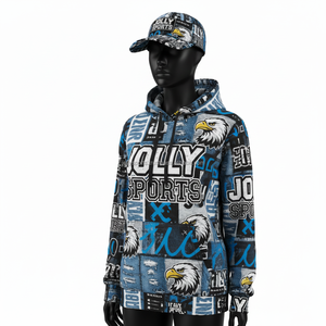 เสื้อฮู้ดดี้ผ้าโพลีเอสเตอร์ผสมคอตตอน พิมพ์ลายกราฟิกสีน้ำเงิน ดำ ขาว ทั่วตัว  ออกแบบโลโก้ตามสั่งด้วยเทคนิคซับลิเมชั่น เสื้อฮู้ดดี้พื้นฐานสำหรับผู้หญิง - Product Image 4