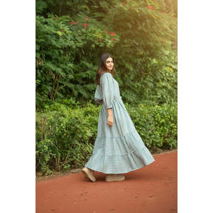 Cotton Midi <b>Dress</b> Stripe Hand Block Print Breathable <b>Boho</b> <b>Summer</b> Sundress Pockets Artisan Style Beach Vacation Wear for - Product Image 6