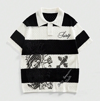 Polo en coton tricoté rayé noir et blanc de qualité supérieure, polo pour homme, broderie graphique jacquard de luxe, maille à points ouverts, personnalisable