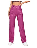 Femmes élégant ample jambe droite en cuir PU taille haute pantalon respirant Streetwear bouton plat avant taille moyenne Style d'hiver