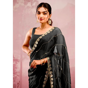 Tissu visqueux élégant et élégant Saree fantaisie de la boutique indienne le plus vendu Séquence exclusive Travail Sari Blouse Bollywood Parties - Product Image 1
