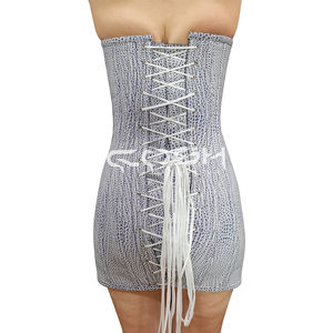 Sweetheart Neckline Overbust <b>Steel</b> <b>Boned</b> White & Black Snakeskin Texture Strapless PVC Mini Dress with Zipper Front - Product Image 6