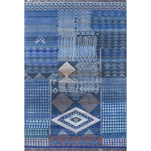 Tapis Manchaha bleu noué à la main en laine et soie de bambou, épaisseur 10 mm, motif géométrique abstrait, rectangulaire, pour la maison et le couloir, modèle Les-2522 - Product Image 1