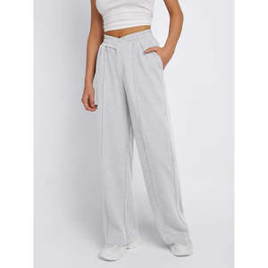 Pantalones largos de pierna ancha de algodón tejido de Color sólido a la moda de cintura alta para mujer, pantalones de suéter sueltos con dos bolsillos laterales - Product Image 2