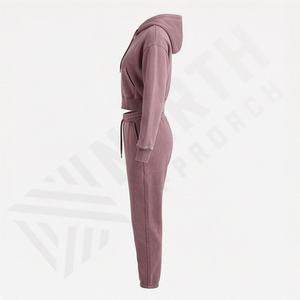 Conjunto de 2 Piezas de Sudadera con Capucha de Felpa de Algodón para Mujer, Talla Grande, Personalizado, con Hombros Caídos, Lavado Ácido, Cremallera, Top Corto y Pantalones Jogger - Product Image 3