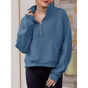 Sudadera con capucha de algodón 100% para mujer, media cremallera, cuello levantado, invierno, transpirable, sostenible, antiarrugas, con logotipo en la parte delantera y trasera - Product Image 2