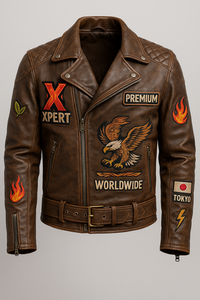 Veste en cuir véritable anti-UV à manches longues pour homme, style motard vintage personnalisé, surdimensionnée, unique, avec patchs brodés, dernière collection des années 80 - Product Image 2
