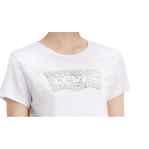 T-shirt Levi's da donna bianca con paillettes e grafica, taglia XS, in jersey traspirante, stile streetwear, lunghezza corta per l'estate - Product Image 3