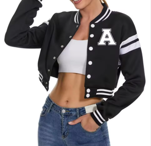 Veste Letterman légère en cuir de vache pour femme haut court col montant Logo avant bouton solide teint uni Style collège - Product Image 4