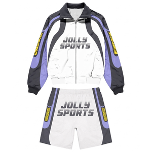 Women Windbreaker Short Set Polyester Lightweight Black <b>White</b> Panel Design Heat Transfer Logo Custom Windbreaker Shorts for Men - Product Image 5
