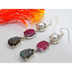 <b>Handmade</b> Natural Pearl Labradorite Dangle <b>Earrings</b> Multi-Strand Ruby Wedding Gift 18K Gold Unique Handcrafted Her <b>Earrings</b> - Product Image 3