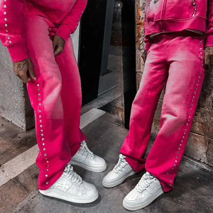 Ensemble survêtement homme streetwear délavé à l'acide avec strass, sweat à capuche zippé et pantalon de survêtement, fabriqué sur mesure - Product Image 4