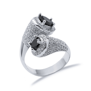 Noir CZ Pierre Double Face Ronde et Poire Pierreux Cluster Bague En Argent Réglable En Gros À La Main En Argent Sterling 925 - Product Image 3
