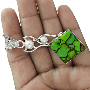 Natural Green Copper-Turquoise-Pearl Agate Gemstone Silver Charm Pendent <b>Top</b> Selling Fine Jewelry Pendants Necklace For Women - Product Image 4