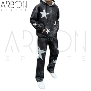 Transpirable personalizado hombres Casual estrella estampado canguro bolsillo cordón ácido lavado Sudadera con capucha y Pantalones rectos sueltos conjuntos - Product Image 4