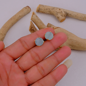 Raw <b>Aquamarine</b> March Birthstone Gemstone Stud <b>Earrings</b> with Gold Plated Prong Setting Wholesale Handmade Gift Women Brass Trendy - Product Image 3