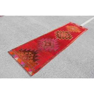 Turkish <b>Runner</b> Rug 3.2x11.3 ft, <b>Red</b> Orange Patchwork Rug Wool - Product Image 2