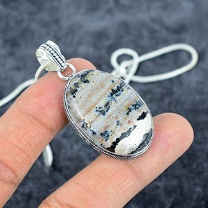925 Sterling Silver Fine <b>Pendant</b> <b>Necklace</b> with <b>Black</b> Strip Agate Trendy Bohemian Style Engagemennt Occasion for Men and Women - Product Image 1