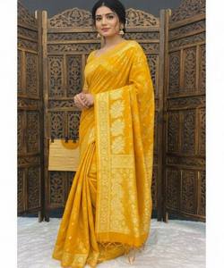 ผ้าไหมแฟนซีโดลา ลายมีนาการี งานปักขอบทอ ผ้าส่าหรีสมัยใหม่ พร้อมเสื้อท่อนบนแบบยังไม่เย็บติด สำหรับงานปาร์ตี้ งานเทศกาล เสื้อผ้าพื้นเมือง สีเหลือง - Product Image 1