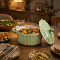 Cocotte en fonte émaillée vert clair à rayures verticales avec couvercle et doubles poignées, idéale pour braiser les soupes