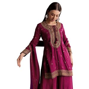 Traje de vino seda Kurta Palazzo con Zari y Butti Dupatta venta al por mayor mujeres Ropa Étnica OEM fábrica de ropa proveedor a granel - Product Image 4