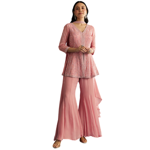 Vente de gros Ensemble Kurta rose en chinon avec tour de cou Dupatta Vêtements ethniques pour femmes Fournisseur d'usine OEM Tenue de fête personnalisée - Product Image 2