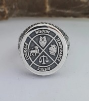 Bague Chevalière Ronde Vintage Personnalisée en Argent Massif 925 Faite à la Main pour Homme, Style Maçonnique, Plaqué Or 14 carats, 16 mm, Sagesse et Justice