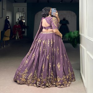 VASTRA COTTAGE Lehenga Choli pour femmes en broderie de sequins et de fils de couleur chocolat, Lehenga cousu avec cordon de serrage et dupatta - Product Image 6