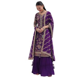 Ensemble Kurta Sharara brodé en georgette violette avec Zari Work et Dupatta pour une fête de mariage - Product Image 1
