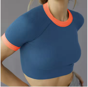 เสื้อครอปแฟชั่นสำหรับผู้หญิงเสื้อยืดสำหรับใส่ออกกำลังกายสีพื้นเสื้อยืดแขนสั้นแบบแร็กแลนจากบังคลาเทศ - Product Image 3