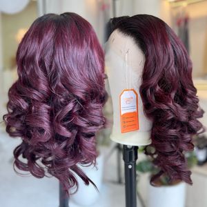 Meilleures perruques en cheveux vietnamiens Remy, couleur bordeaux, cheveux humains ondulés, HD/ Lace Front, extensions à double trame machine - Product Image 2