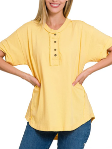 Clothing manufacturer direct sale brushed cotton scoop neck Short sleeves Raw edge <b>Henley</b> women T <b>shirt</b> - Product Image 5