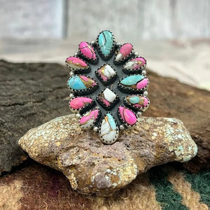 Nouveau Design 925 Sterling Silver Cotton Candy Turquoise Anneau Réglable Bold Contraste Bijoux À La Main Boho Fine Jewelry Anneaux - Product Image 1