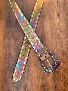 Nouvel arrivage de ceintures florales occidentales en cuir véritable usinées à la main et peintes à la main Ceintures unisexes en cuir véritable usiné à la main - Product Image 2