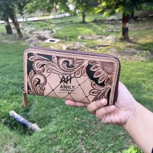 New Fashion 2024 Cowhide Tooled Carving Genuine Leather Wallets Handcrafted Imbosed Vintage Hobo Stylish Hand Purse For Women